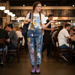 Upcycled Levi’s Art Jeans distressed bleached stenciled appliqués size 39